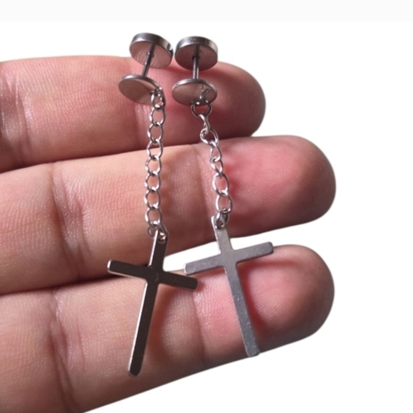 2 Pairs Of Stainless Steel Iridescent Swords + Crosses  Earrings New - Picture 5 of 5